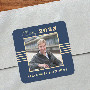 Navy Gold Photo Lijst 2025 Afstuderen Vierkante Sticker