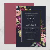 NAVY GOLD PINK BURGUNDY ROOS FLORAL WEDDING INVITE BEDANKKAART (Voorkant / Achterkant)