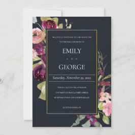 NAVY GOLD PINK BURGUNDY ROOS FLORAL WEDDING INVITE BEDANKKAART