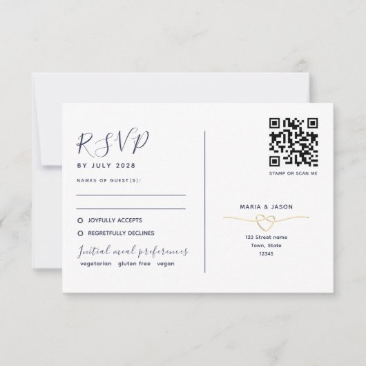 Navy Gold QR-code en traditioneel RSVP Kaartje (Voorkant)