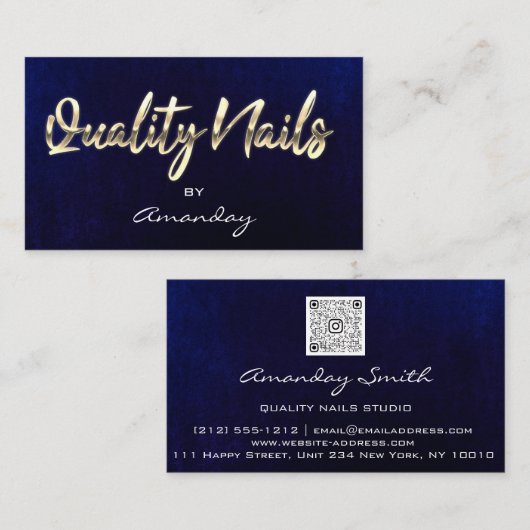 Navy Gold Quality Nail Script QR Code Logo Visitekaartje (Voorkant / Achterkant)