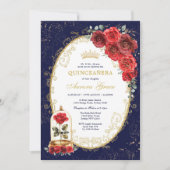 Navy Gold Quinceañera Enchanted Red Roses Party Kaart (Voorkant)