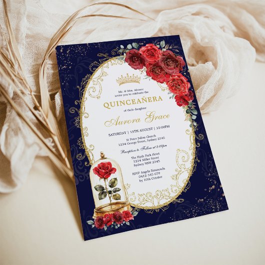 Navy Gold Quinceañera Enchanted Red Roses Party Kaart