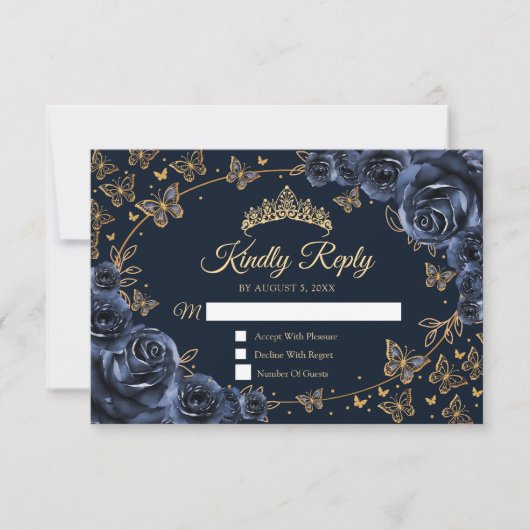 Navy Gold Quinceanera Reply RSVP Kaartje (Voorkant)