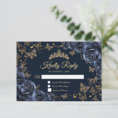 Navy Gold Quinceanera Reply RSVP Kaartje (Staand voorkant)