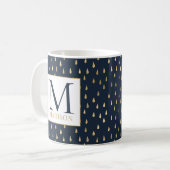 Navy Gold Raindrop Modern Trendy Monogram Koffiemok (Voorkant links)