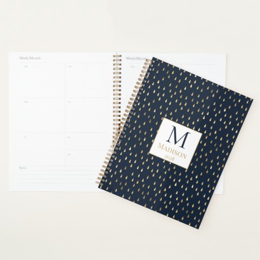 Navy Gold Raindrop Modern Trendy Monogram Planner (Display)
