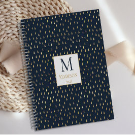 Navy Gold Raindrop Modern Trendy Monogram Planner