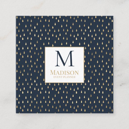 Navy Gold Raindrop Modern Trendy Monogram Vierkante Visitekaartje (Voorkant)