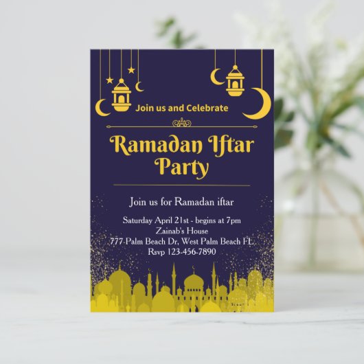 Navy & Gold Ramadan Iftar uitnodiging (Staand voorkant)