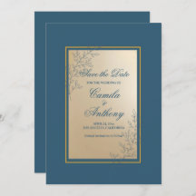 Navy Gold Rechthoek Floral Boho Save The Date