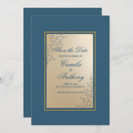 Navy Gold Rechthoek Floral Boho Save The Date Kaart