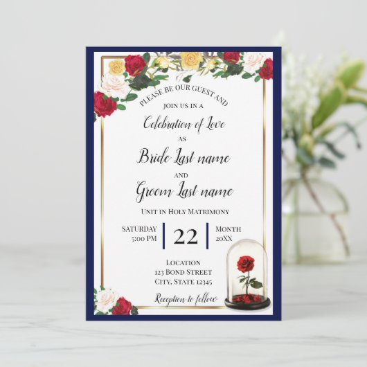 Navy, Gold, Red Rose Uitnodiging (Staand voorkant)