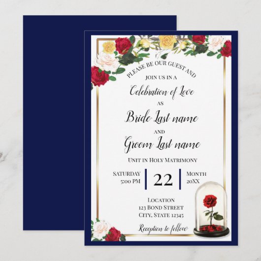 Navy, Gold, Red Rose Uitnodiging (Voorkant / Achterkant)