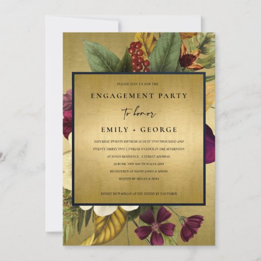 NAVY GOLD  RETRO BURGUNDY FLORAL VERLOVING KAART (Voorkant)