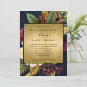 NAVY GOLD  RETRO BURGUNDY FLORAL VERLOVING KAART (Staand voorkant)