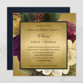 NAVY GOLD  RETRO BURGUNDY FLORAL VERLOVING KAART (Voorkant / Achterkant)