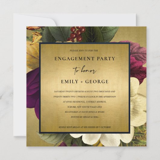 NAVY GOLD  RETRO BURGUNDY FLORAL VERLOVING KAART (Voorkant)