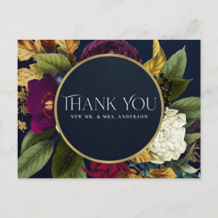 NAVY GOLD RETRO BURGUNDY FLORAL WEDING DANK U BRIEFKAART