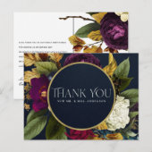 NAVY GOLD RETRO BURGUNDY FLORAL WEDING DANK U BRIEFKAART (Voorkant / Achterkant)
