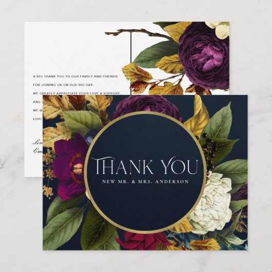 NAVY GOLD RETRO BURGUNDY FLORAL WEDING DANK U BRIEFKAART (Voorkant / Achterkant)