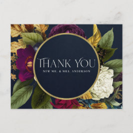 NAVY GOLD RETRO BURGUNDY FLORAL WEDING DANK U BRIEFKAART