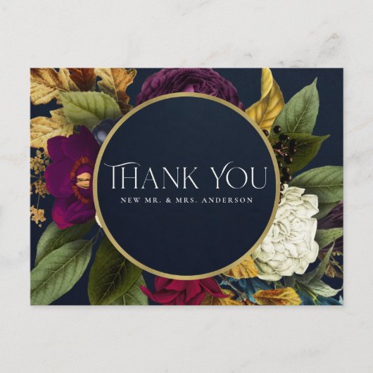 NAVY GOLD RETRO BURGUNDY FLORAL WEDING DANK U BRIEFKAART (Voorkant)