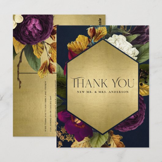 NAVY GOLD RETRO BURGUNDY FLORAL WEDING DANK U BRIEFKAART (Voorkant / Achterkant)