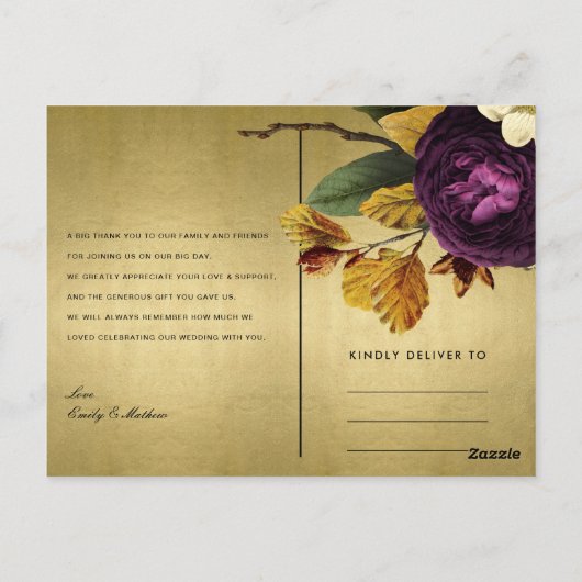 NAVY GOLD RETRO BURGUNDY FLORAL WEDING DANK U BRIEFKAART (Achterkant)