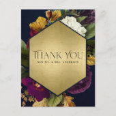 NAVY GOLD RETRO BURGUNDY FLORAL WEDING DANK U BRIEFKAART (Voorkant)