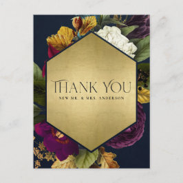 NAVY GOLD RETRO BURGUNDY FLORAL WEDING DANK U BRIEFKAART