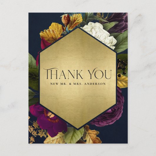 NAVY GOLD RETRO BURGUNDY FLORAL WEDING DANK U BRIEFKAART (Voorkant)