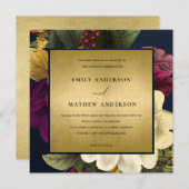 NAVY GOLD  RETRO BURGUNDY FLORAL WEDING KAART (Voorkant / Achterkant)