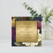 NAVY GOLD  RETRO BURGUNDY FLORAL WEDING KAART (Staand voorkant)