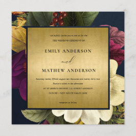 NAVY GOLD  RETRO BURGUNDY FLORAL WEDING KAART