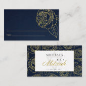 NAVY GOLD ROOS FLORAL BAT MITZVAH PLACE CARDS VISITEKAARTJE (Voorkant / Achterkant)