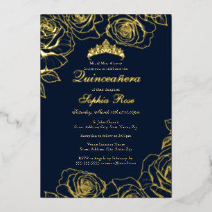 Navy Gold Roos Garden Quinceanera Folie Uitnodiging