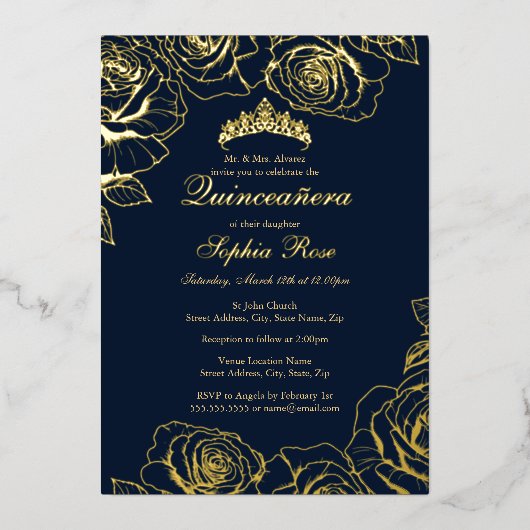Navy Gold Roos Garden Quinceanera Folie Uitnodiging (Voorkant)