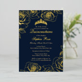 Navy Gold Roos Garden Quinceanera Folie Uitnodiging (Staand Voorkant)