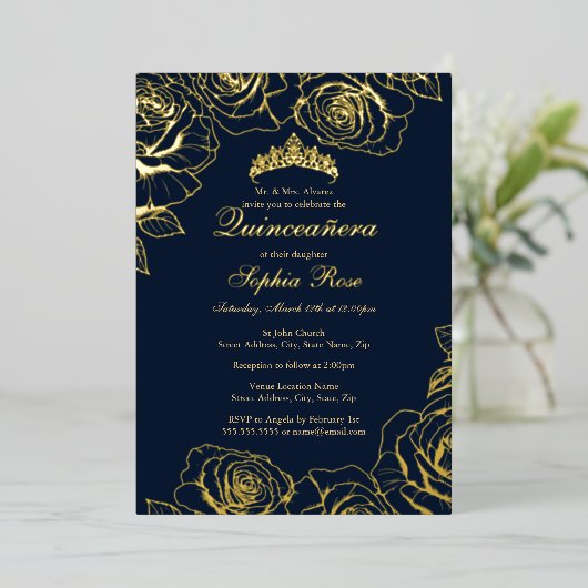 Navy Gold Roos Garden Quinceanera Folie Uitnodiging (Staand Voorkant)
