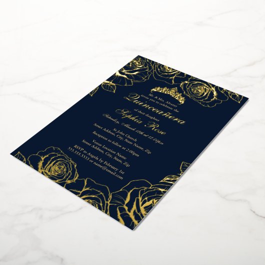 Navy Gold Roos Garden Quinceanera Folie Uitnodiging (Gedraaid)