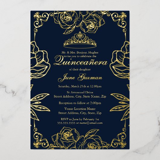 Navy Gold Roos Garden Quinceanera Folie Uitnodiging (Voorkant)