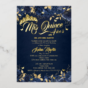 Navy Gold Roos Mis Quince Quinceanera Folie Uitnodiging