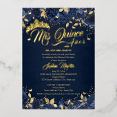 Navy Gold Roos Mis Quince Quinceanera Folie Uitnodiging (Voorkant)