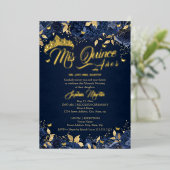 Navy Gold Roos Mis Quince Quinceanera Folie Uitnodiging (Staand Voorkant)