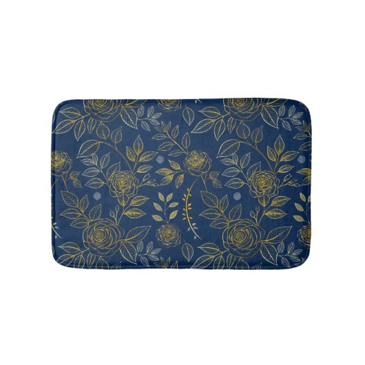 Navy & Gold Roos – Naadloos Botanisch Patroon Badmat (Voorkant)