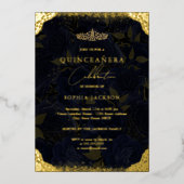 Navy Gold Roos Tiara Quinceanera Folie Uitnodiging (Voorkant)