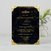 Navy Gold Roos Tiara Quinceanera Folie Uitnodiging (Staand Voorkant)