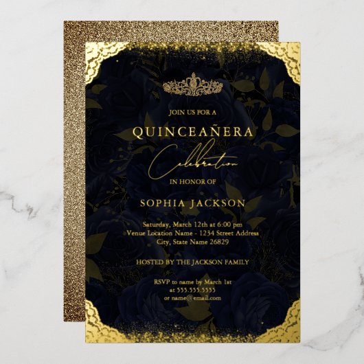 Navy Gold Roos Tiara Quinceanera Folie Uitnodiging (Voorkant / Achterkant)