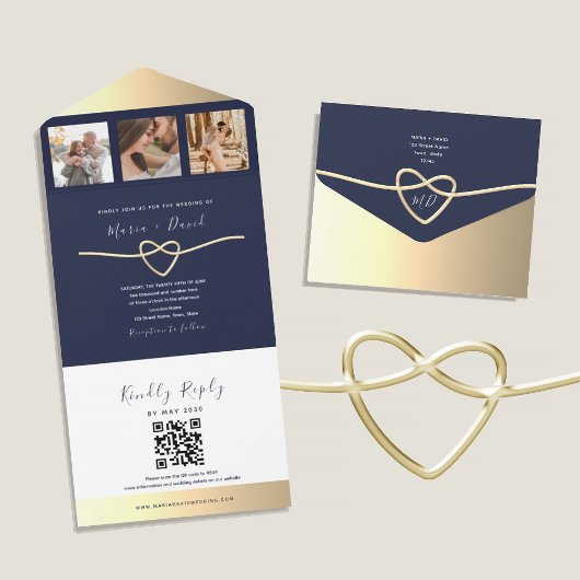 Navy Gold Rope Hart QR Huwelijk All In One Uitnodiging
